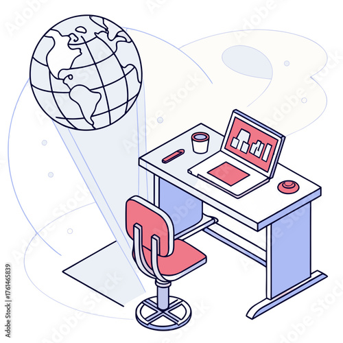 AI Student Desk with Holographic Globe Vector.Perfect for online study branding, digital classrooms, future school concepts