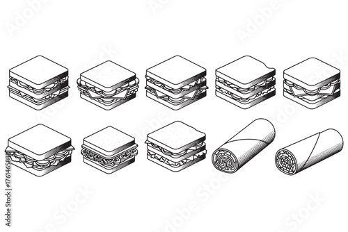 Sandwich and roll icons isolated on white background, showcasing a variety of fast food items in a simple and clean line art style vector illustration