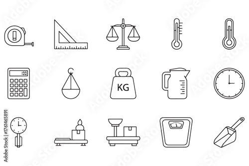 Measurement tools isolated on white background showcasing a variety of instruments for measuring length, weight, temperature, and time in a line art style vector illustration