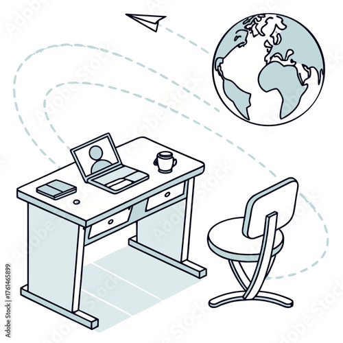 AI Student Desk with Holographic Globe Vector.Perfect for online study branding, digital classrooms, future school concepts