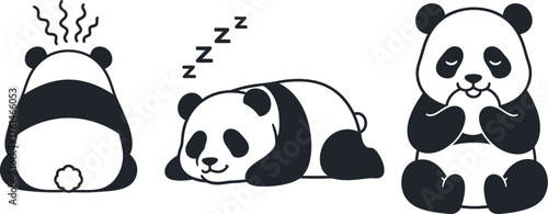 Cute cartoon pandas in various poses: sleeping, thinking, and resting.