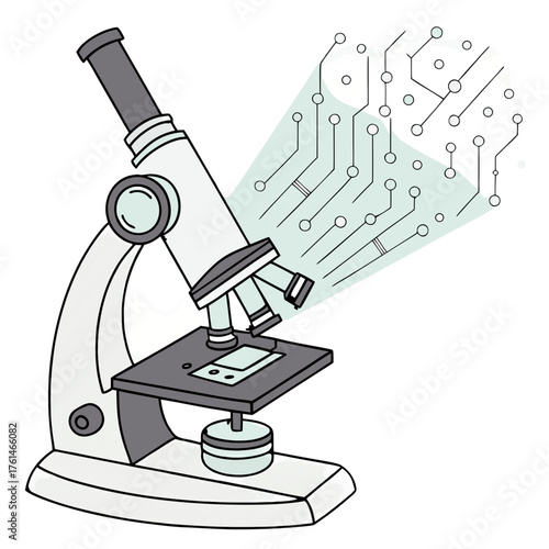 AI Microscope with Holographic Data Vector.Perfect for science education platforms, STEM branding, digital biology learning