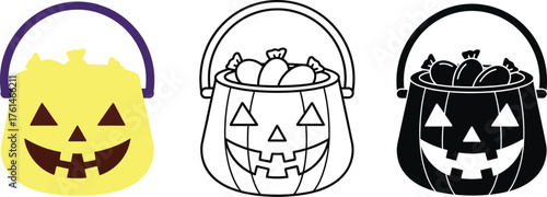 Three different styles of a jack-o'-lantern candy bucket filled with treats, ready for Halloween.