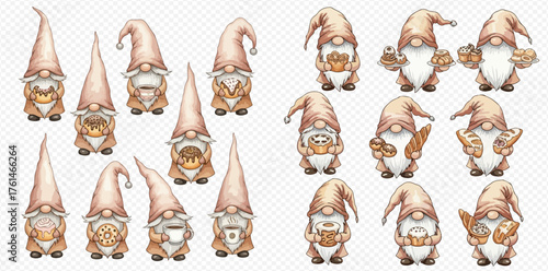 Watercolor gnomes holding autumn harvest items, baked goods, and coffee cups, perfect for fall designs.