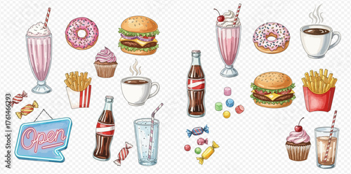 A vibrant collection of retro diner food and drink items including milkshakes, burgers, fries, donuts, and sodas.
