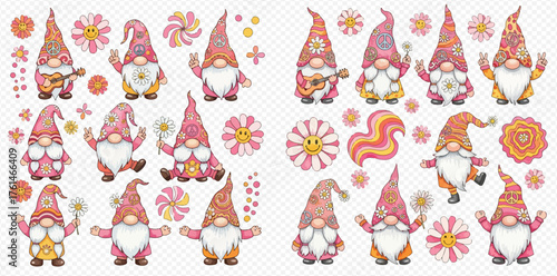 Collection of whimsical watercolor gnomes with pink hats and white beards, surrounded by cheerful flowers, swirls, and bohemian decorative elements.