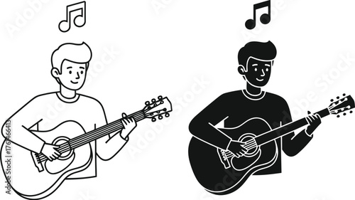 Man playing acoustic guitar in color line art and silhouette styles