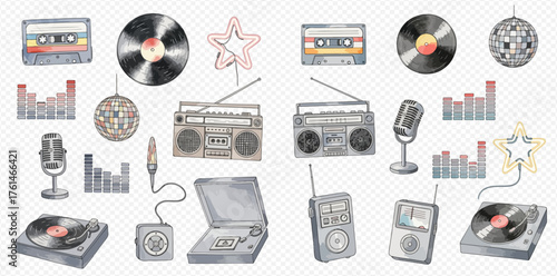 A collection of watercolor illustrations depicting retro music and audio equipment, including cassette tapes, vinyl records, boomboxes, microphones, disco balls, and record players.