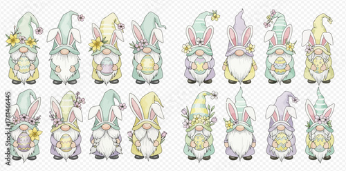 A collection of 16 adorable watercolor Easter gnomes with bunny ears, pastel hats, spring flowers, and decorated eggs, perfect for holiday designs.