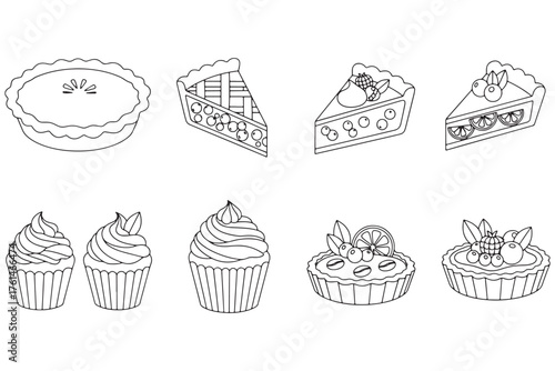 Black and white line art illustration of various desserts, including pies, tarts, and cupcakes, perfect for coloring books or culinary designs isolated on white background vector illustration