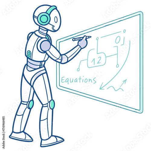 AI Robot Writing Formulas Vector.Perfect for science education branding, AI tutoring platforms, STEM learning