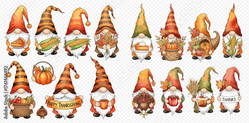 A collection of charming autumn and Thanksgiving gnomes, each holding festive fall elements like pumpkins, corn, pies, and coffee, perfect for seasonal designs.