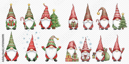 A charming collection of watercolor Christmas gnomes with festive hats, gifts, and holiday decorations on a transparent background.
