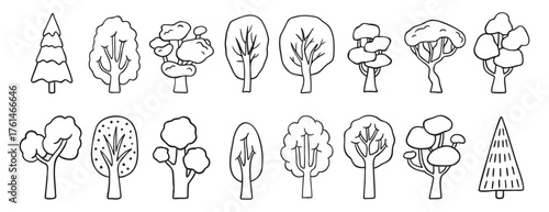 different trees doodle hand drawn icon set. Outline drawing tree line clipart symbol collection