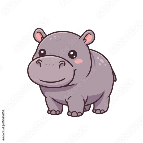 Cartoon illustration of a cute plump gray hippopotamus with pink cheeks