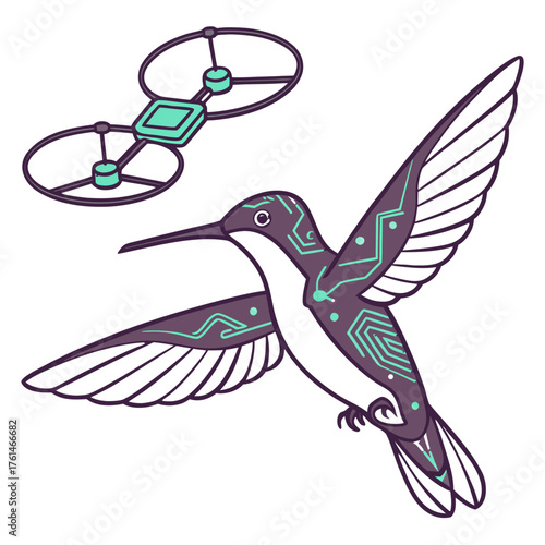 AI Hummingbird Drone Vector.Perfect for eco-tech branding, AI nature concepts, futuristic biomimicry
