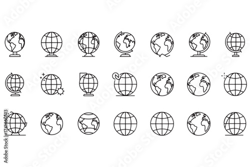 Collection of globe icons representing geography and global connectivity, isolated on white background vector illustration
