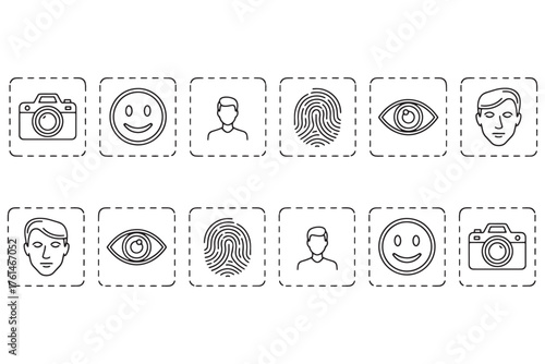 Collection of biometric and identification icons isolated on white background, featuring camera, face, fingerprint, and eye recognition technology vector illustration