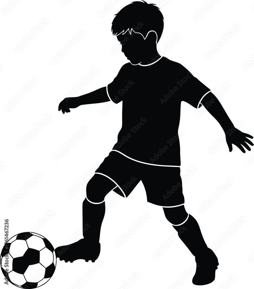 Naklejka premium Young boy in silhouette playing soccer on a white background