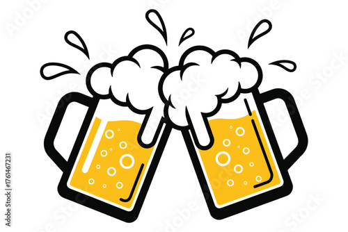 Two beer mugs toasting isolated on white background, symbolizing celebration, friendship, and good times with frothy beer and cheerful clinking vector illustration