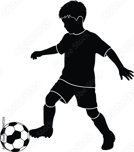 Young boy in silhouette playing soccer on a white background