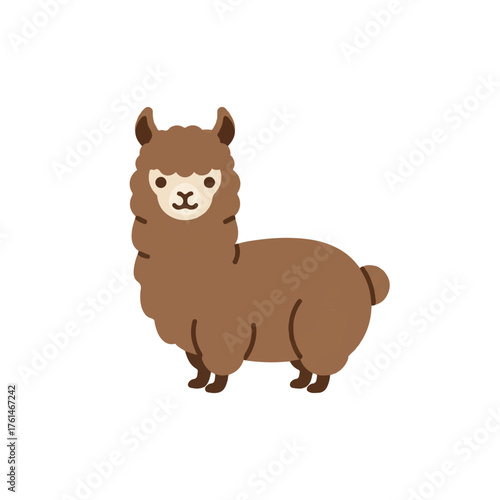 Cute brown cartoon alpaca standing on a white background