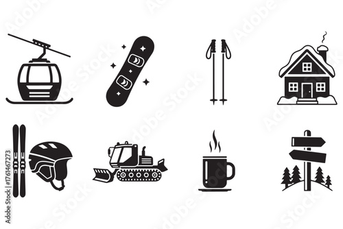 Wallpaper Mural Winter sports and activities icons isolated on white background, featuring skiing, snowboarding, and cozy cabin scenes for a snowy adventure vector illustration Torontodigital.ca