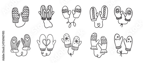 Hand drawn winter mittens. Doodle cute mittens elements black on white.