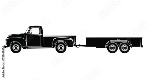 Vintage pickup truck with flatbed trailer in a black silhouette style