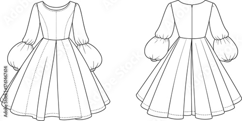Cad drawing flat vector illustration, puff sleeve dress fashion template, garment sketch, apparel