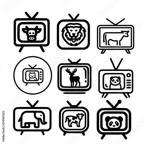 Animal icon set inside classic television featuring cow lion deer panda and elephant