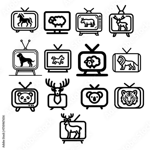 Classic television screen icon set showing various creatures like tiger deer sheep and horse