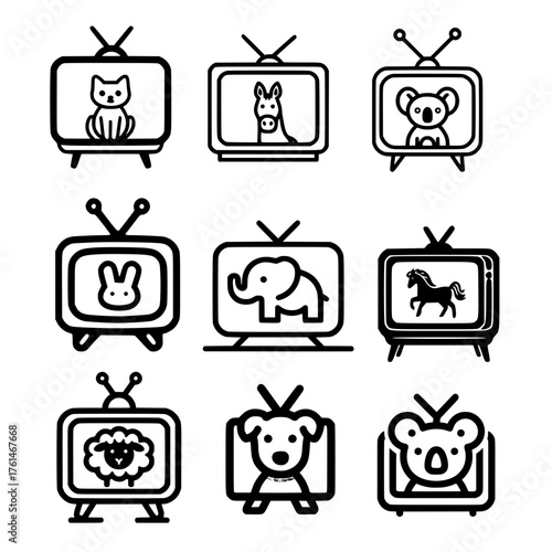Vector icon collection of forest and pet animals inside vintage TV including dog horse and koala