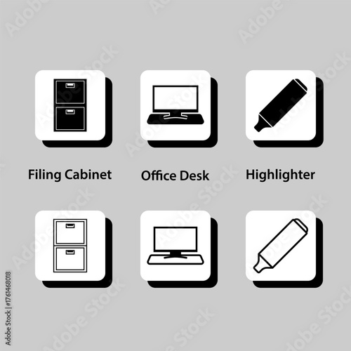 A set of icons for a computer desk, including a filing cabinet, a laptop