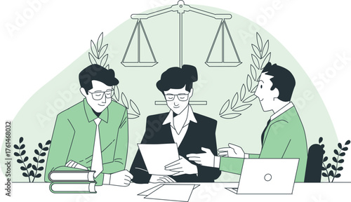 Lawyers discussing legal documents and case with scales of justice and plants meeting discussion