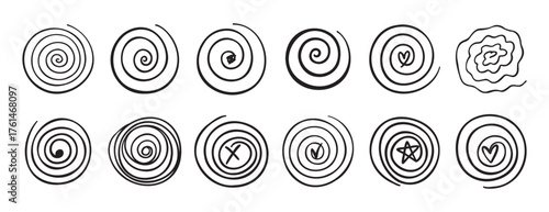 Doodle spiral swirl motion element set. abstract hand drawn round spiral line. spiral with a symbol inside