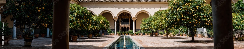Fototapeta premium Authentic Moorish Alcazar of Seville Courtyard with Ornate Arches and Citrus Trees Premium Cultural Travel Content for Inspiring Marketing Campaigns
