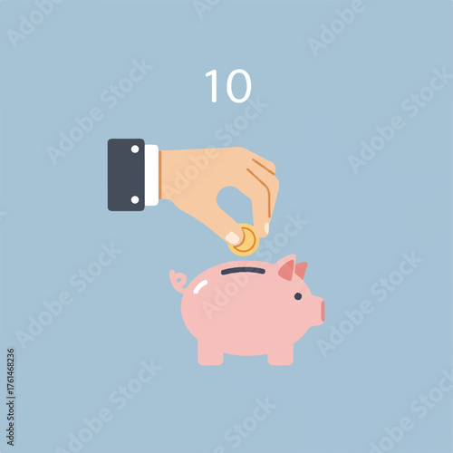 Hand dropping coin into piggy bank with number 10
