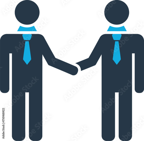 Two stylized figures in business suits shaking hands, symbolizing partnership and agreement.