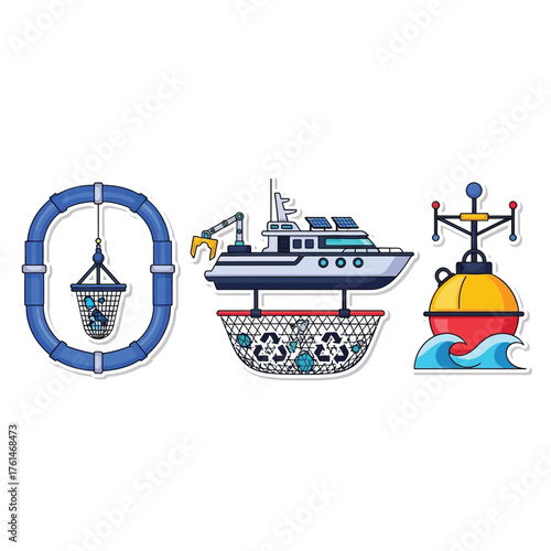 Illustration showing a system for cleaning ocean plastic with a net, boat, and buoy.