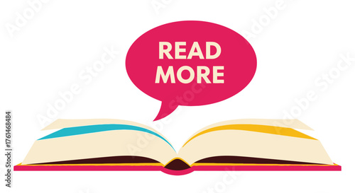 Open book with a speech bubble encouraging viewers to read more