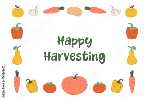 Rectangular frame of colorful vegetables and fruits in flat style with partial outline. Inscription Happy Harvesting. Autumn and harvest concept. Vector illustration.