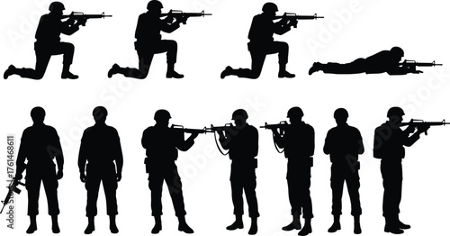 Silhouette of soldiers with rifles, military combat positions, army men standing and aiming, warfare illustration, tactical training vector art