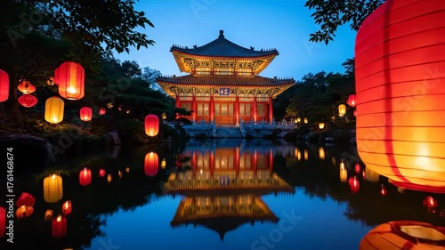 Illuminated Traditional Chinese Temple and Glowing Lanterns Reflecting in a Serene Pond at Dusk