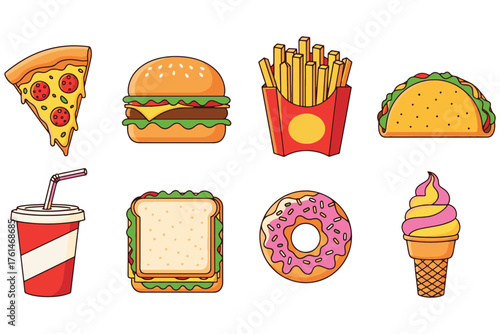 Illustration of fast food items including pizza, burger, fries, taco, soda, sandwich, donut, and ice cream isolated on white background vector illustration