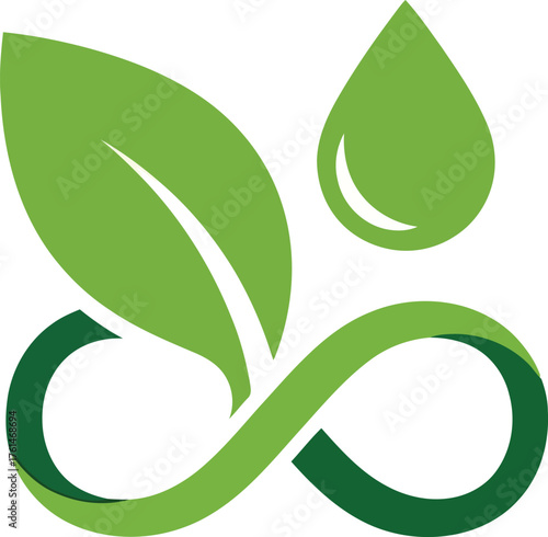 Green leaf, water droplet, and infinity symbol representing sustainability and nature.