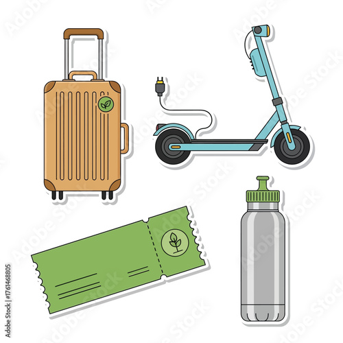 Illustration of sustainable travel items: suitcase, electric scooter, ticket, and reusable water bottle.