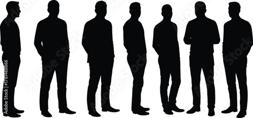 Silhouette of standing men in casual clothing, business people side and front view, teamwork concept, group leadership illustration design