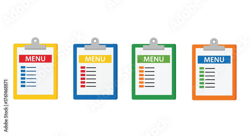 Four colorful clipboards displaying menus with lists of items presented