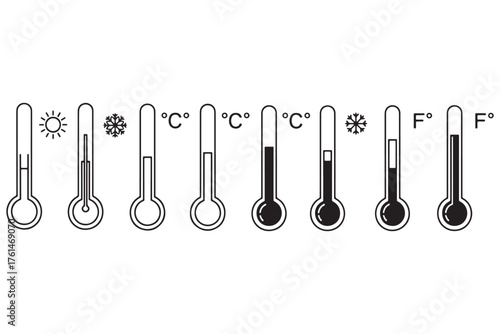 Diverse thermometer collection displaying varying temperatures in celsius and fahrenheit isolated on white background, indicating hot, cold, and freezing conditions vector illustration